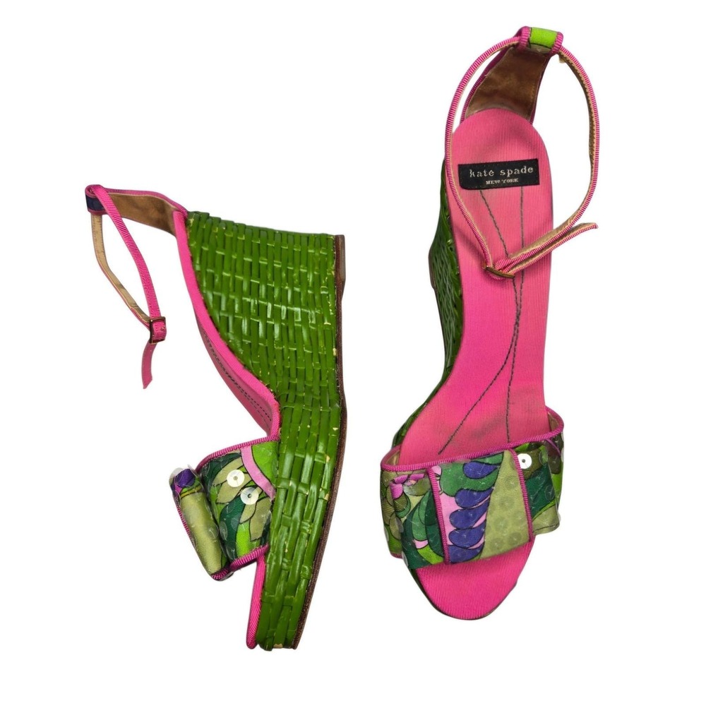 Vtg Kate Spade Cabo Platform Wedge Sandals 8/8.5 Pink Green Y2K Novelty Bow Mod
